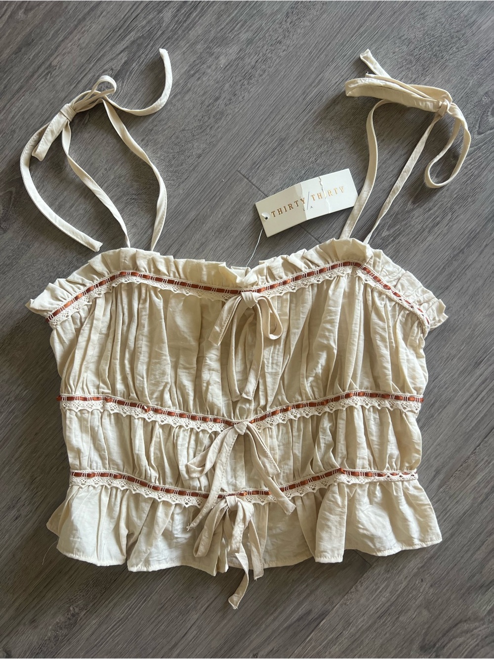 Thirty Thirty LA Cream Lace Trim Tie Shoulder Smocked Back Camisole Top NWT L